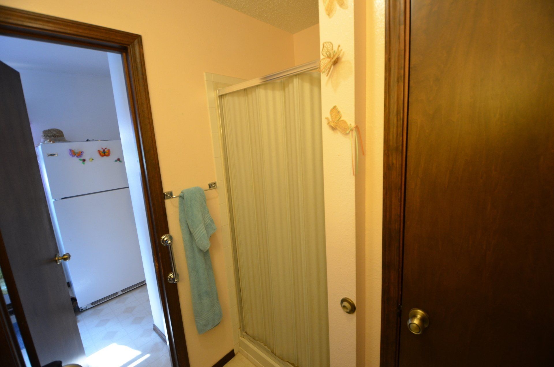 A bathroom with a shower curtain and a door