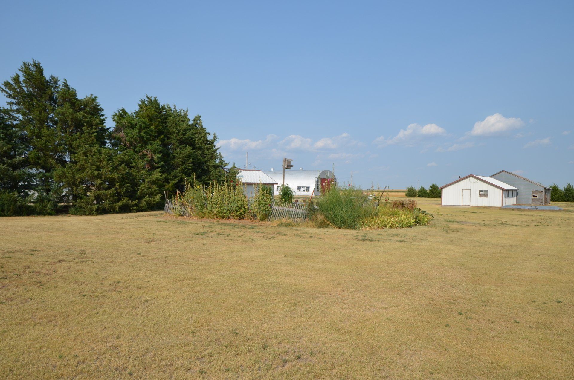 A field with a house in the background and trees in the foreground
