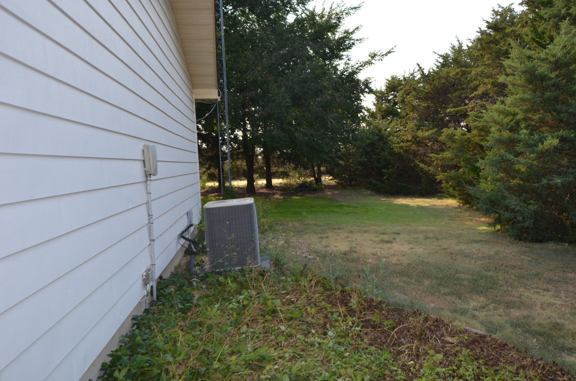 A white house with a few trees in the background