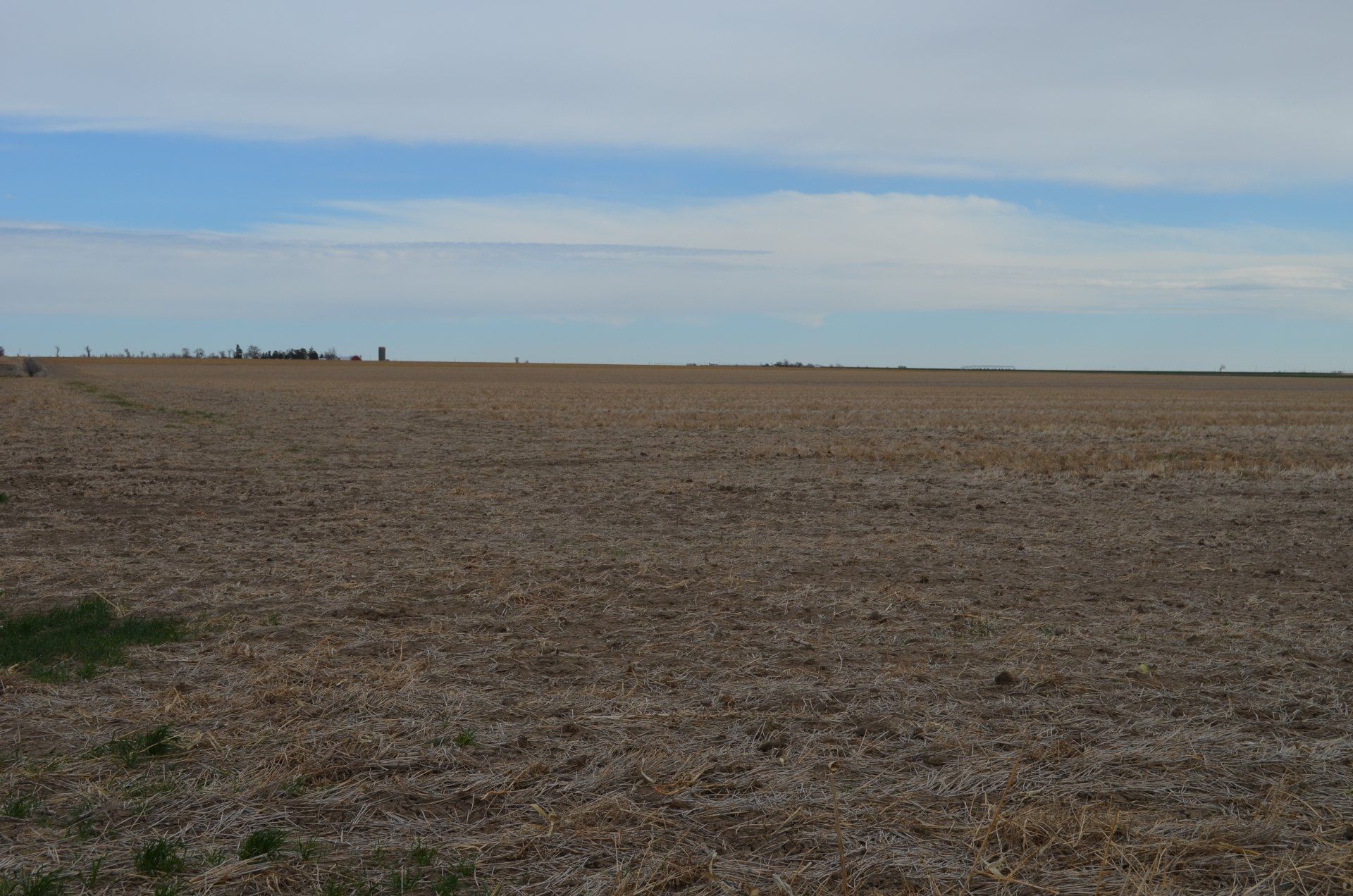 A large empty field with a blue sky in the background