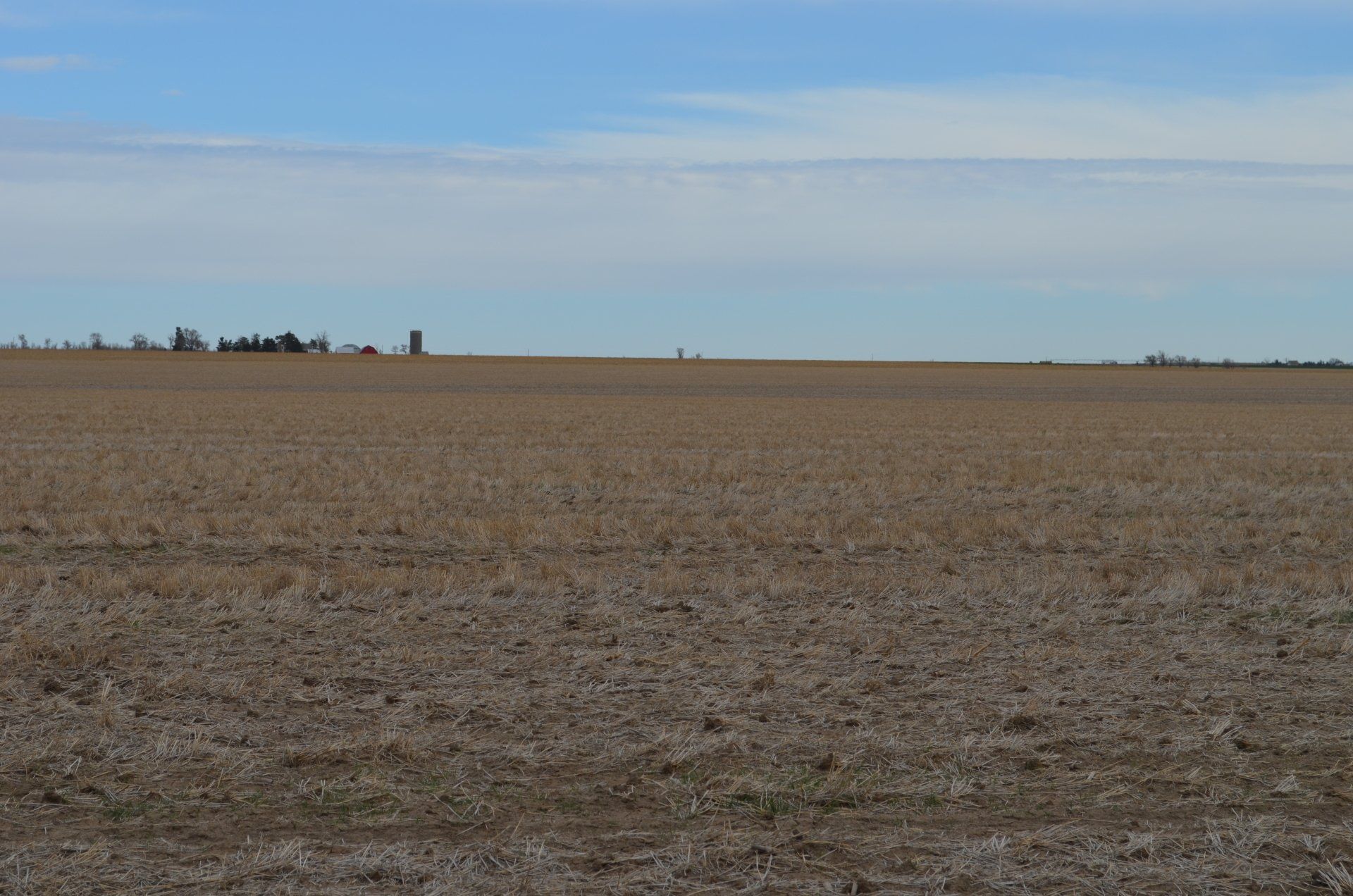 A large empty field with a blue sky in the background.