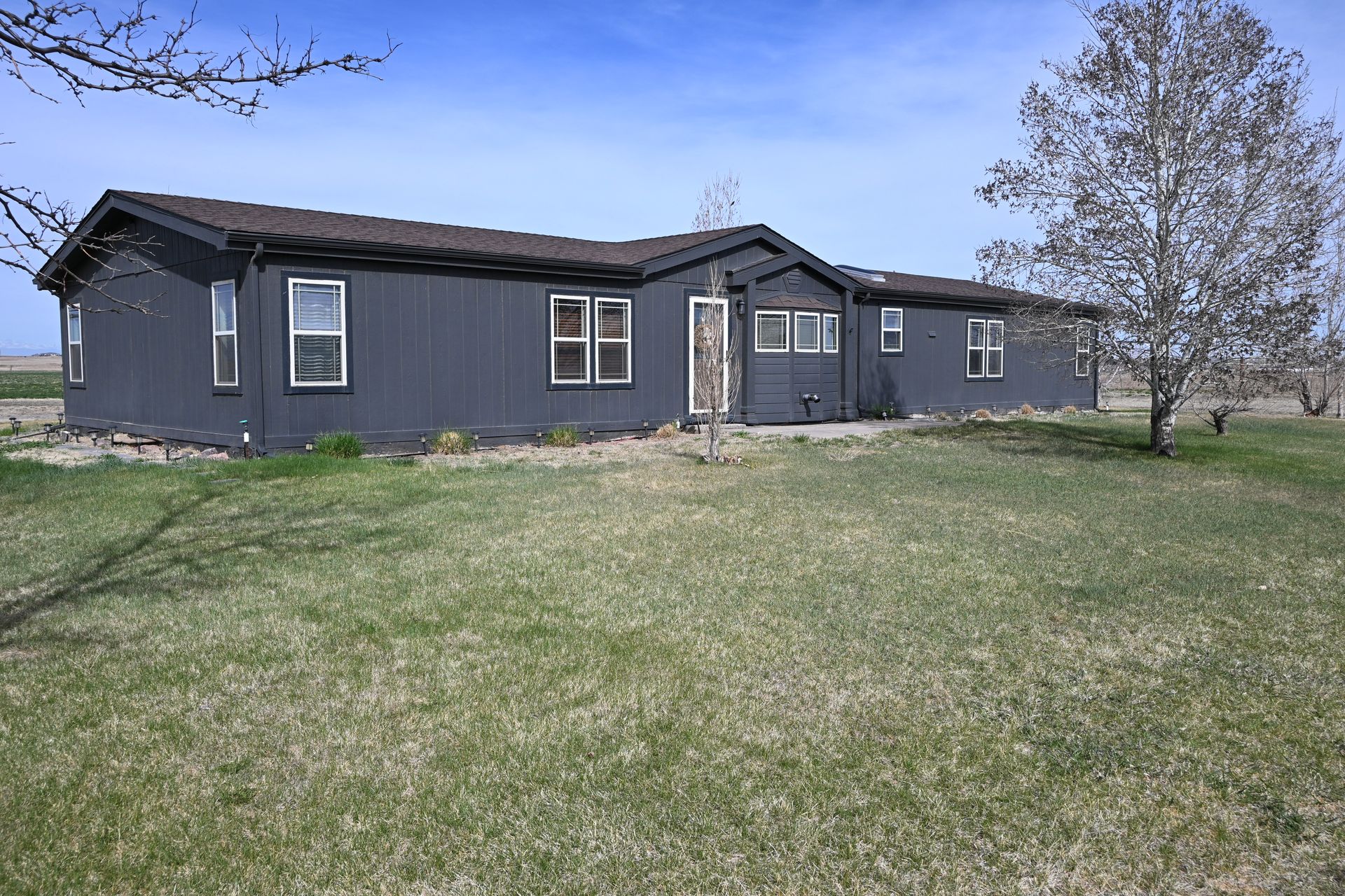 Dark gray single-story house with a large grassy yard and bare tree under a blue sky