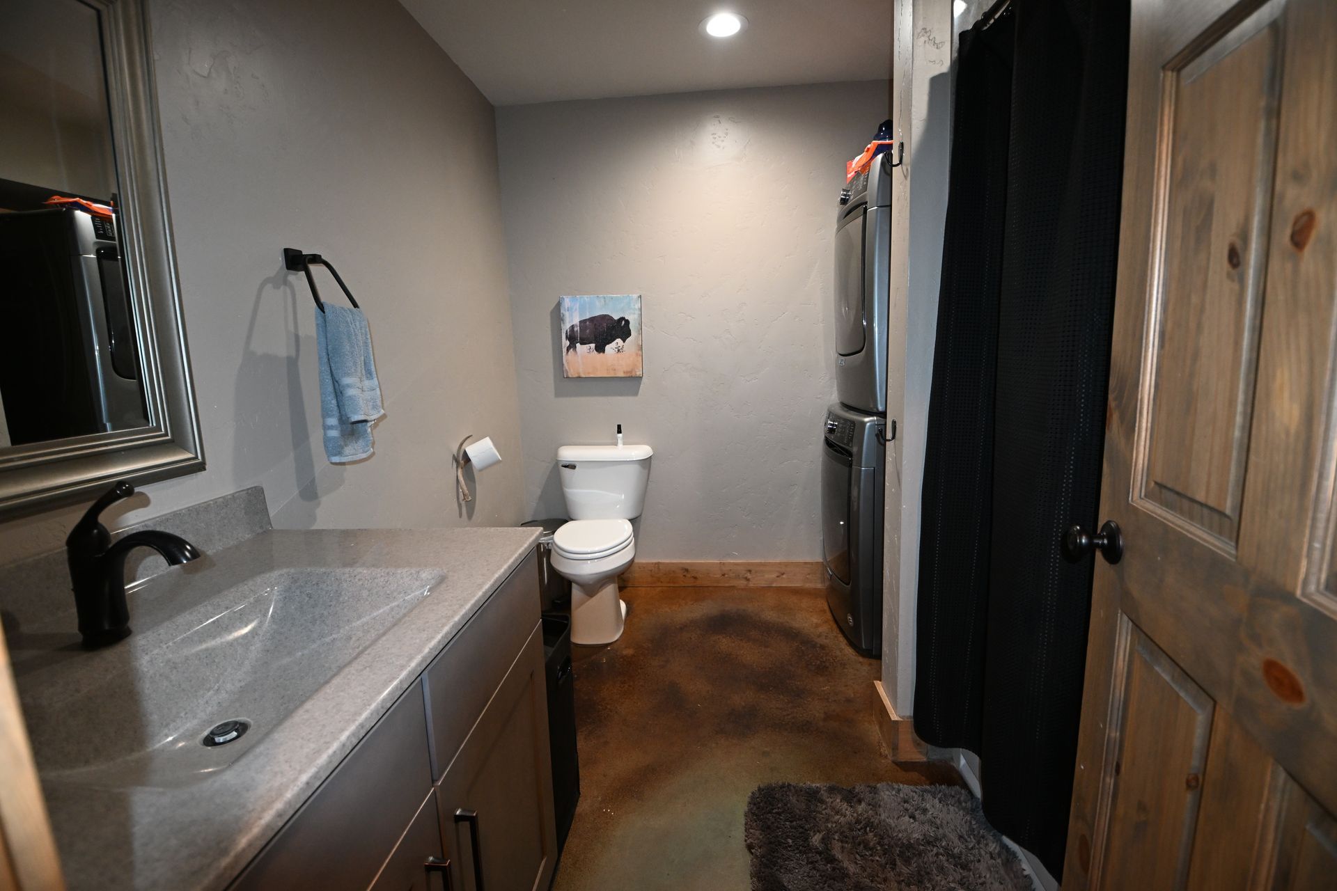 Modern bathroom with a vanity, toilet, wood floor, shower curtain, and rustic sliding door.