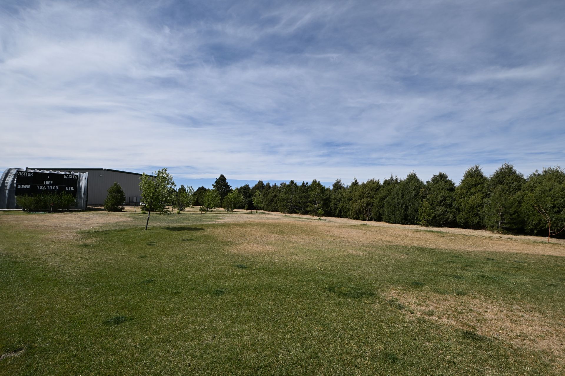 Open grassy field with a line of trees and a partly cloudy sky, near a small building on the left