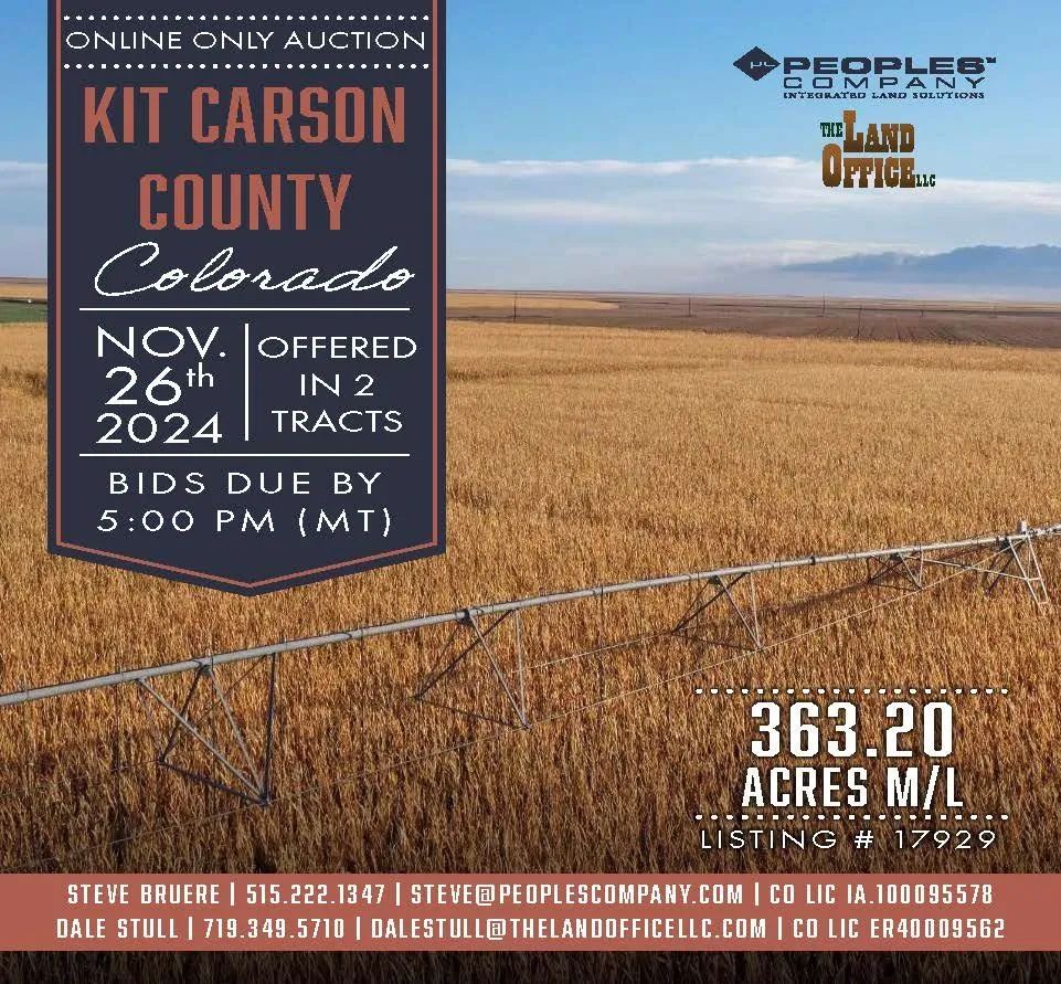 Auction ad: Kit Carson County, Colorado land. Nov. 26, 2024, offering 363.20 acres. Bids due at 5 PM MT.