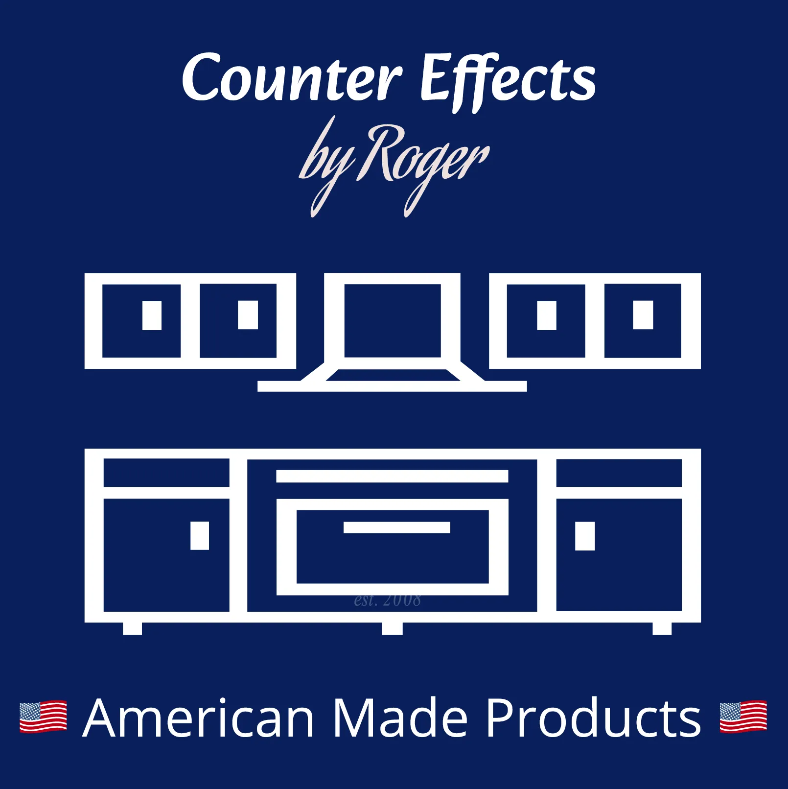 White outline of kitchen cabinets, range hood, and oven on a blue background. Text reads "Counter Effects by Roger" and "American Made Products".