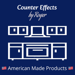White outline of kitchen cabinets, range hood, and oven on a blue background. Text reads "Counter Effects by Roger" and "American Made Products".