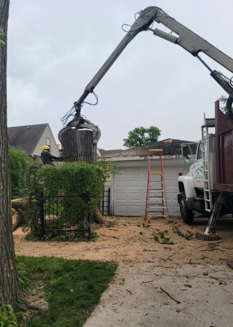 Crane lifting a large debris bin over a backyard garage, with a ladder nearby.