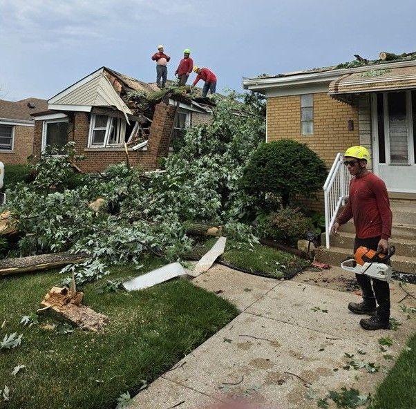 Workers on a damaged house roof after a storm, with fallen tree branches and debris in the yard.