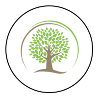 Tree with green leaves, brown trunk and roots, set within a circle and arched lines; white background.