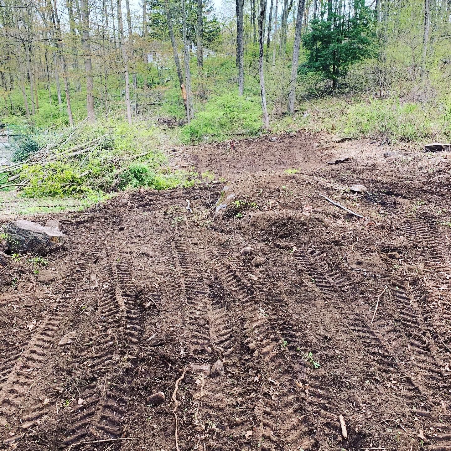 Tire tracks in freshly turned brown soil in front of a wooded area with some green vegetation.
