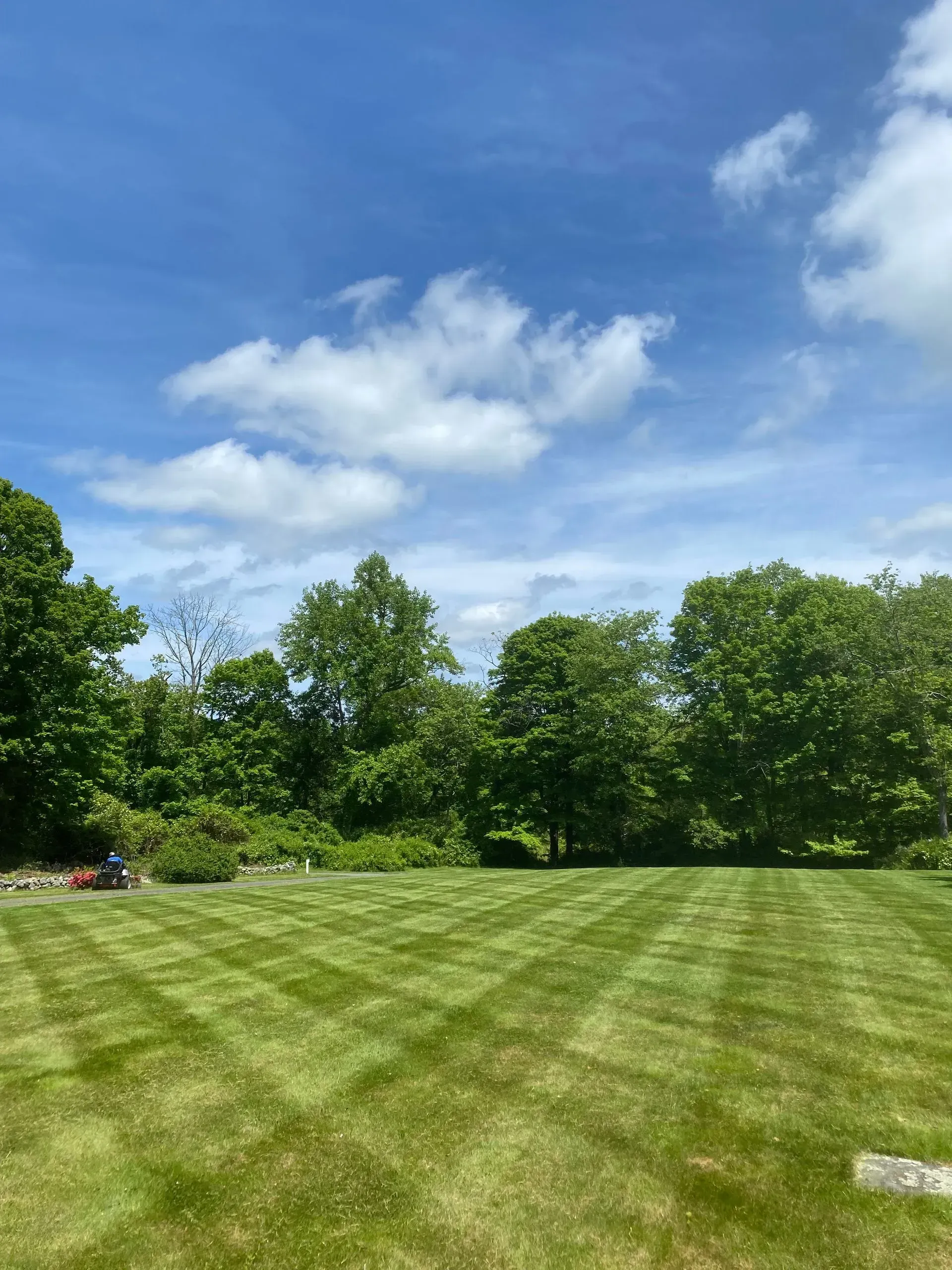 Lawn mowed in chevron pattern under a blue sky with puffy white clouds, trees in the background.