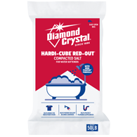 Diamond Crystal red-out salt bag, 50 lb, with blue and white logo on white background