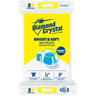 Diamond Crystal Bright & Soft salt pellets, 40 lb bag, yellow and white packaging