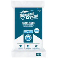 Diamond Crystal Hardi-Cube compacted salt bag, teal and white, 50 lb.