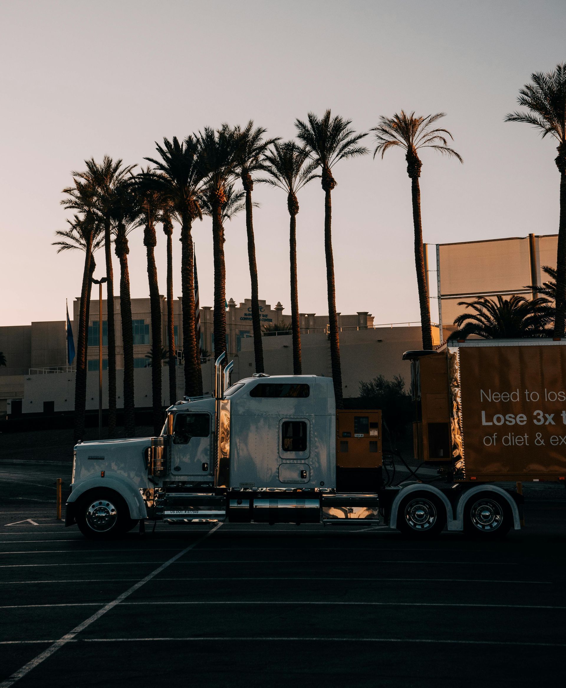 White semi-truck parked in front of palm trees and buildings at sunset.