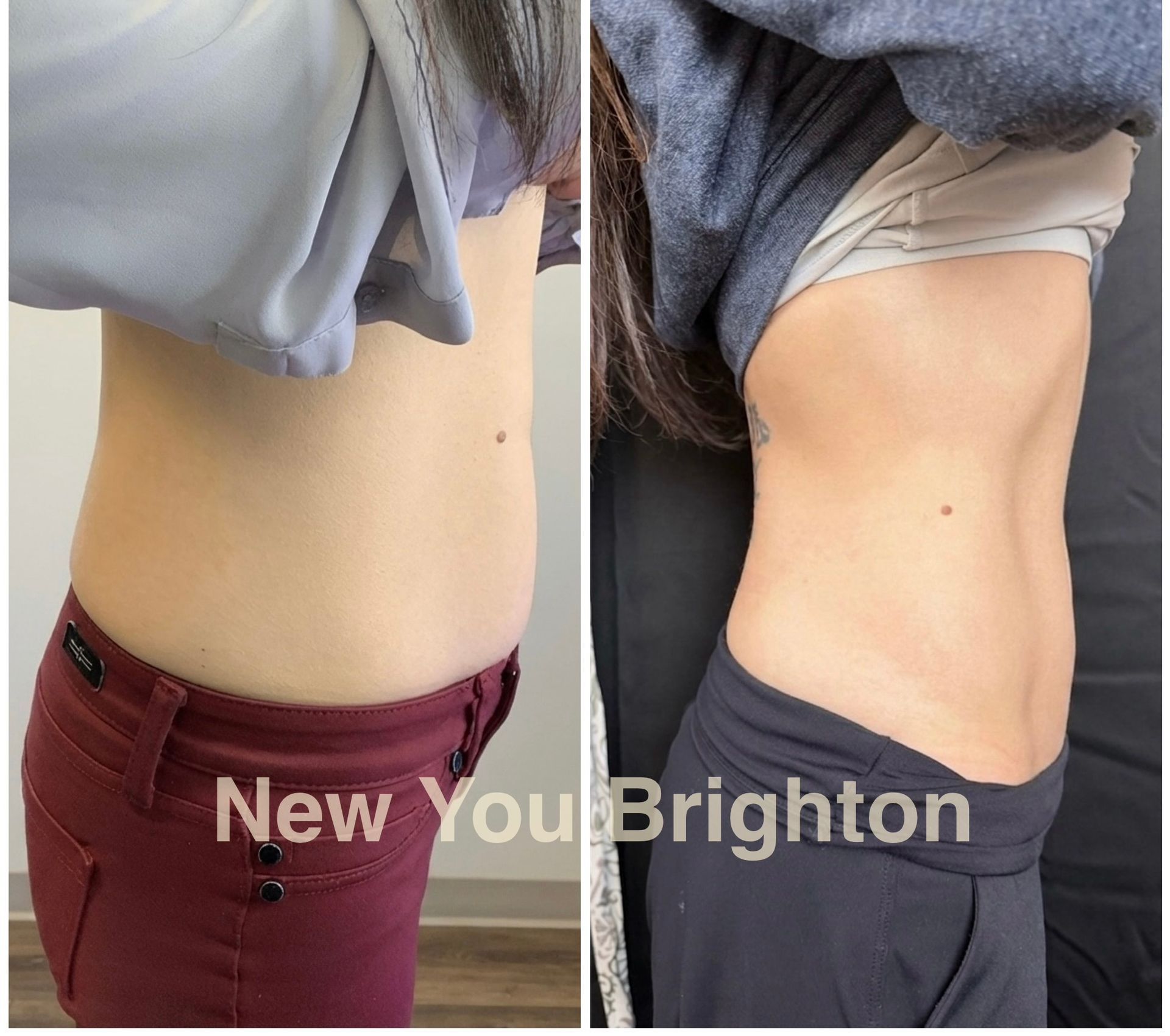 Side-by-side torso photos showing a slimmer waist in gray and burgundy clothing