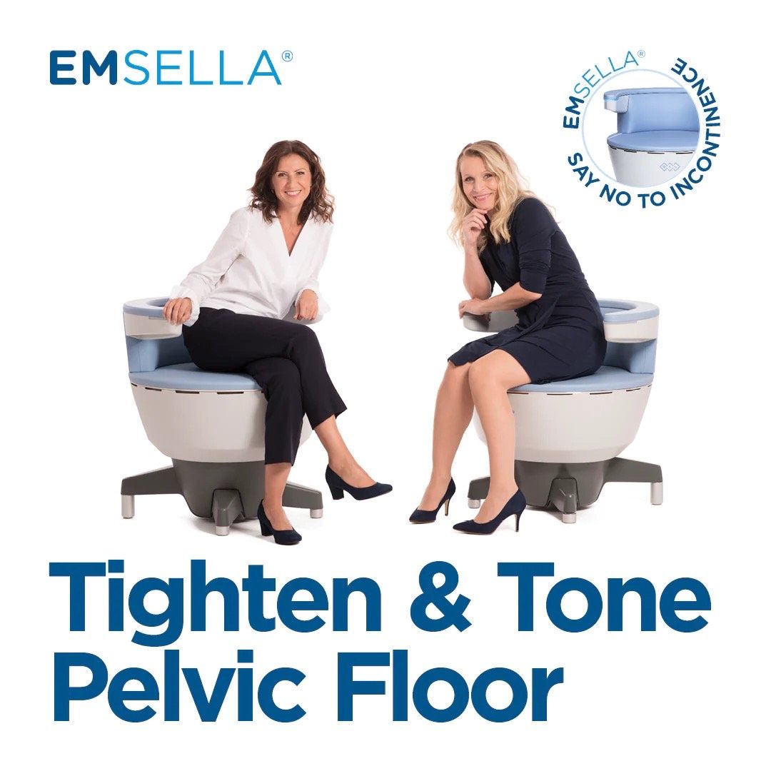 Two women are sitting on a machine that says tighten & tone pelvic floor
