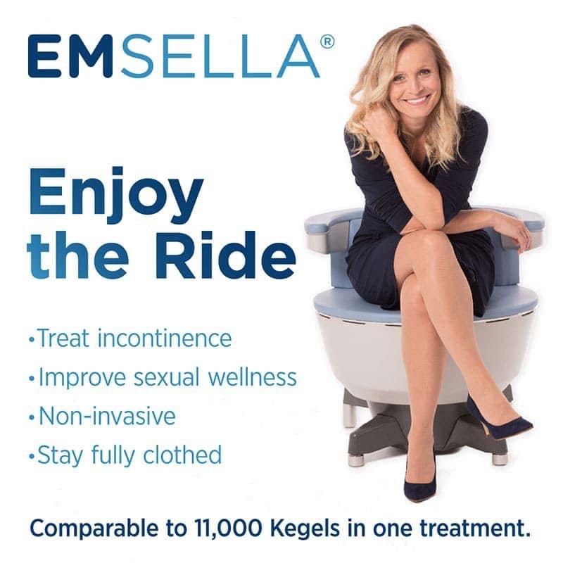 An advertisement for emsella shows a woman sitting in a chair