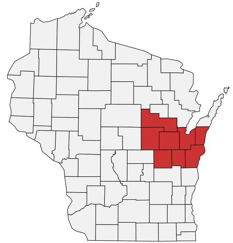 A map of the state of wisconsin with a red area highlighted.