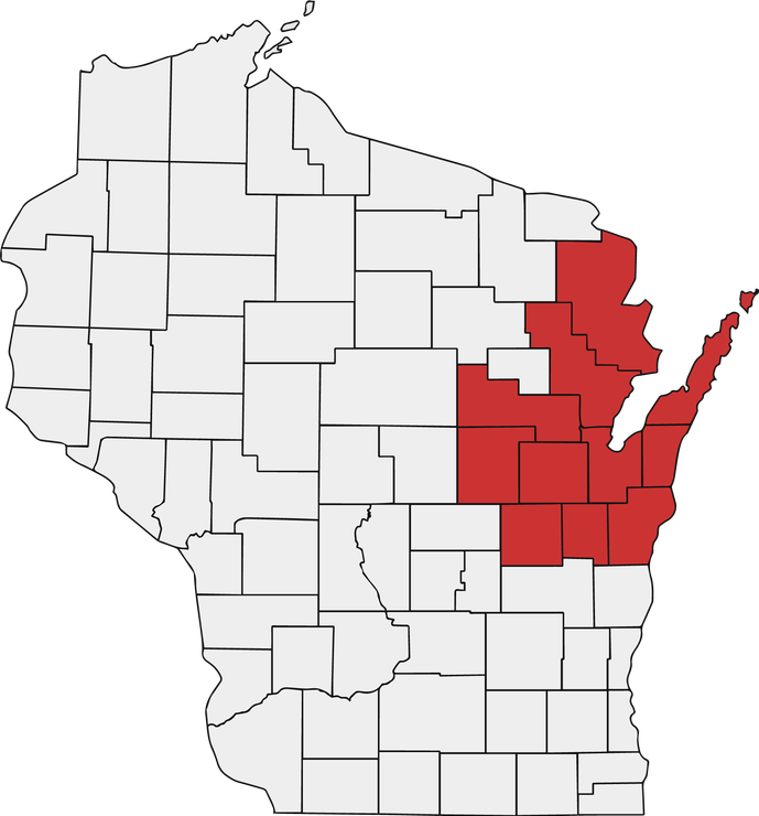 A map of the state of wisconsin with a red area highlighted.