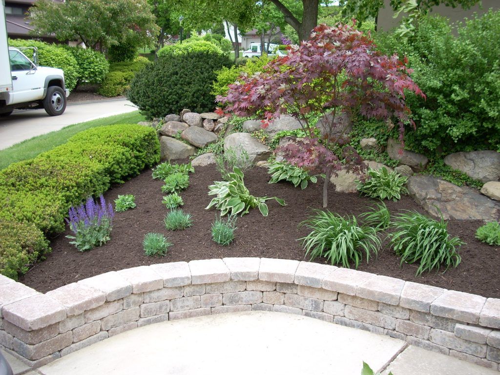 Landscaped yard with Japanese maple and various green and purple plants, bordered by a stone wall.