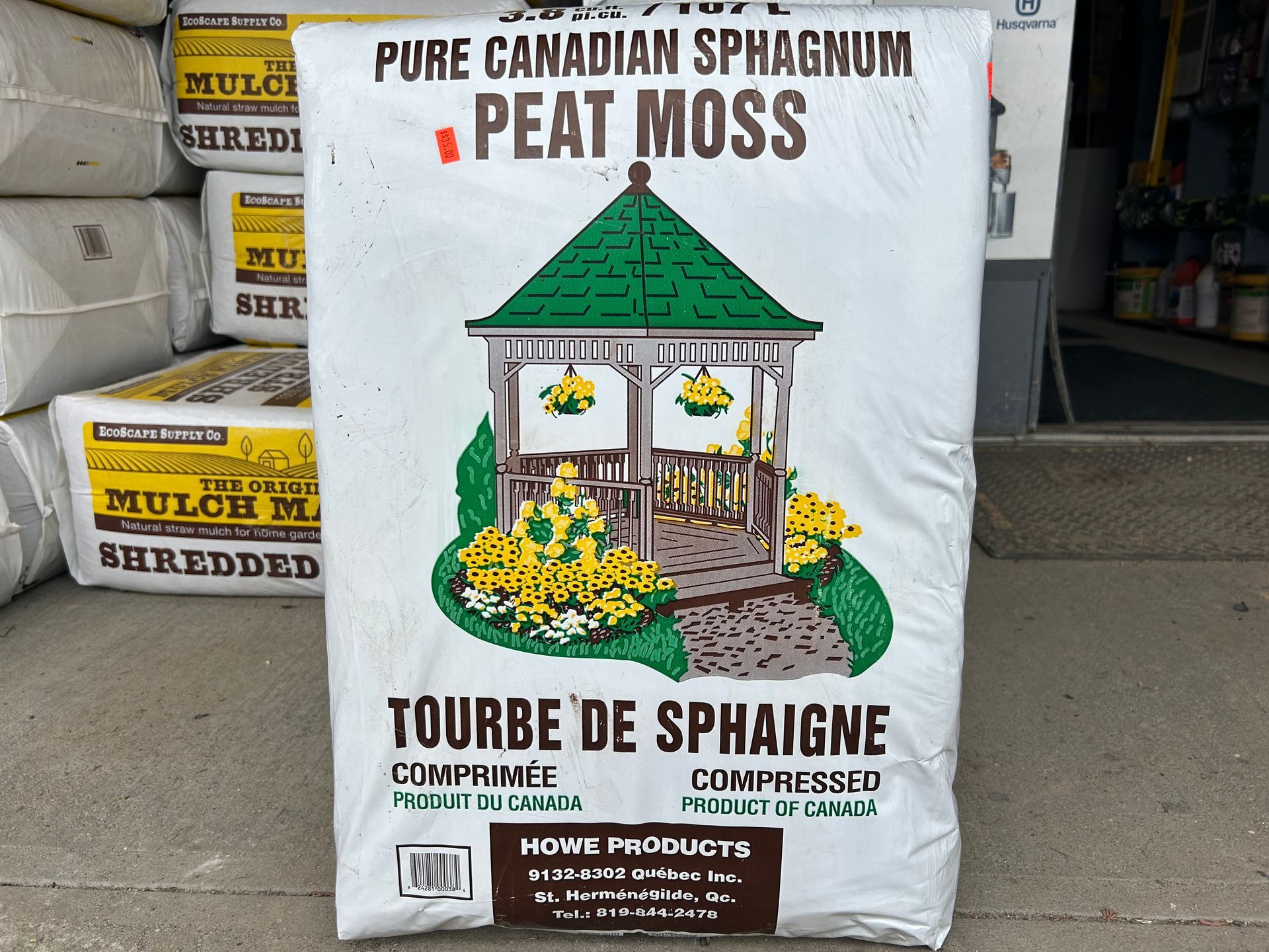 A bag of peat moss with a gazebo on it