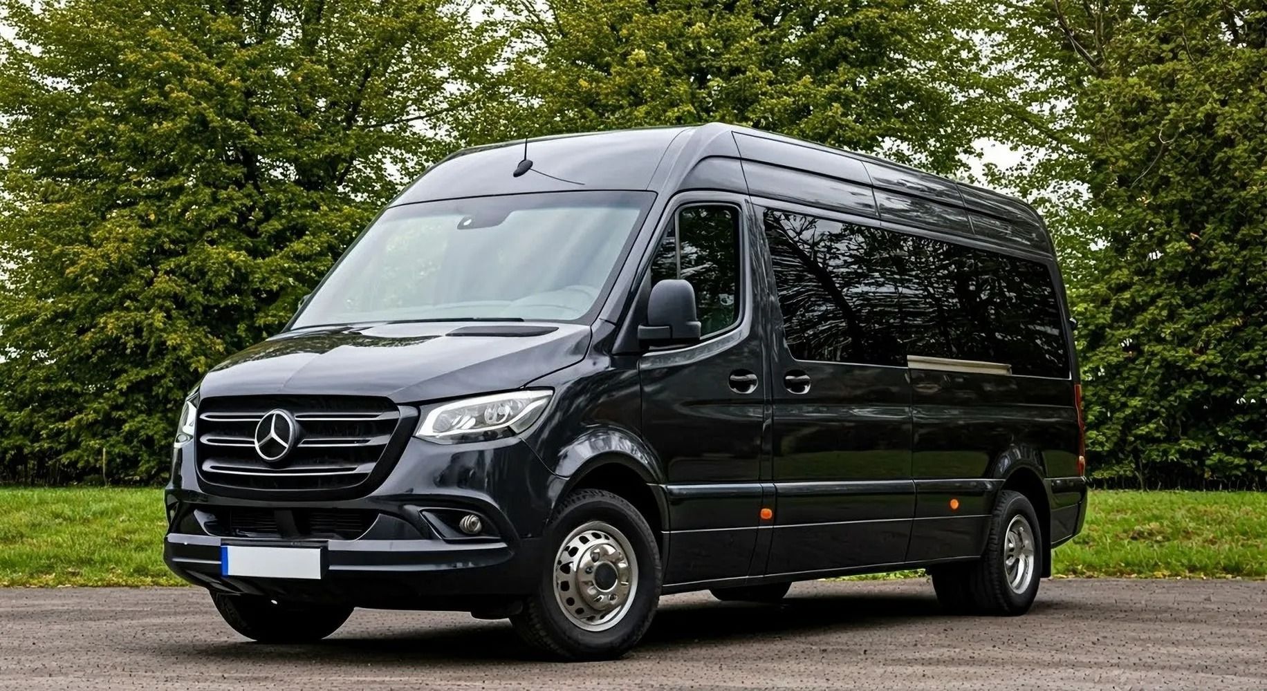 A black Mercedes-Benz Sprinter van parked on a paved road with trees in the background.