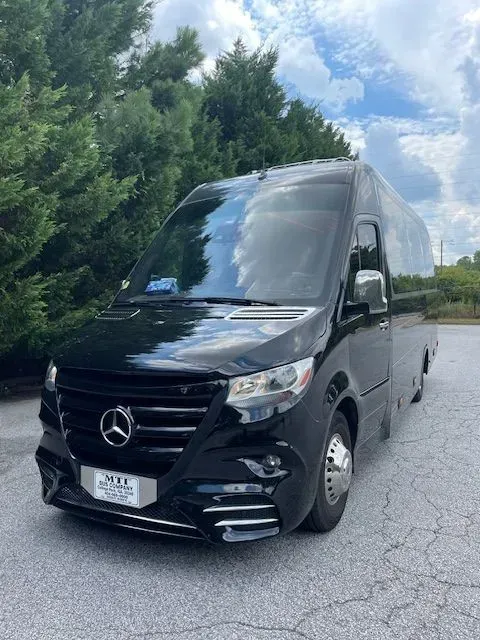 Black Mercedes van parked on a roadside with trees and a cloudy sky in the background