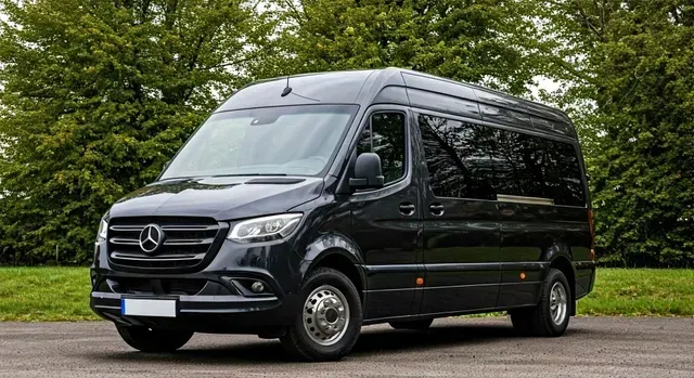 Black Mercedes-Benz Sprinter van parked on a road with green trees in the background