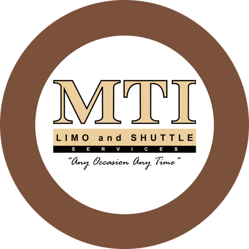 MTI Limo and Shuttle Services logo with beige and black text inside a brown circular border
