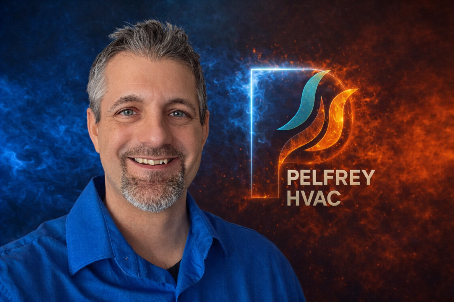 Smiling man in blue shirt next to Pelifrey HVAC logo with blue and orange background