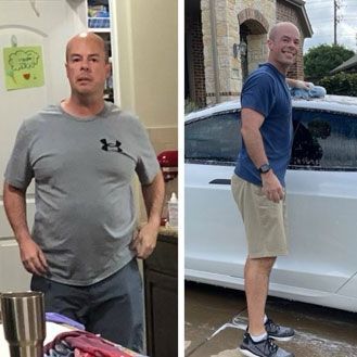 A before and after picture of a man standing next to a car.