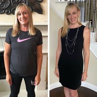 A before and after photo of a woman wearing a nike shirt and a black dress.
