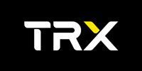 The trx logo is white and yellow on a black background.
