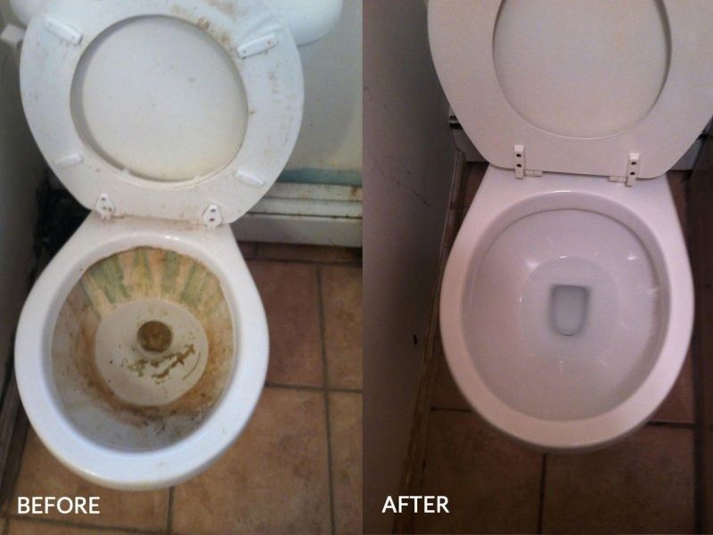 A side-by-side comparison of a white toilet bowl before and after a deep cleaning of heavy stains and buildup.