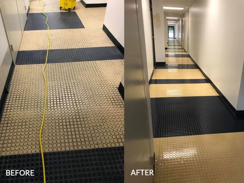 Split view of a hallway floor: before cleaning shows dirty, dingy tiles, and after cleaning shows bright, polished tiles.