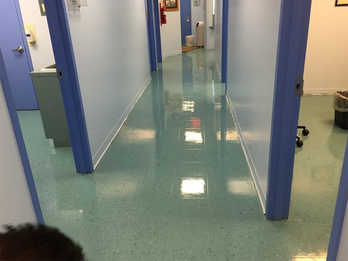 A brightly lit hallway with blue-painted walls and a reflective, mint-green speckled floor.