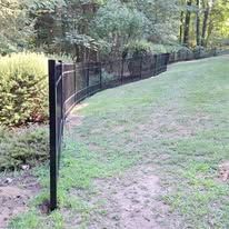 Black metal fence curving along a grassy lawn, bordering a natural area with trees.