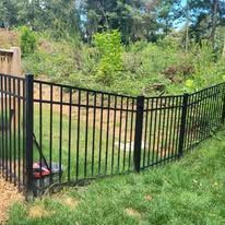Black metal fence in a grassy yard with a natural background.