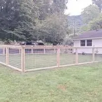 A wooden fence encloses a grassy area, with a house in the background.