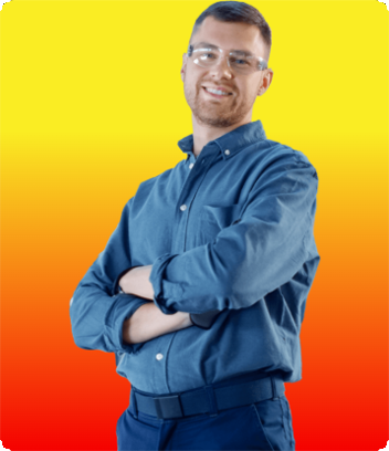 Smiling man in a blue shirt with arms crossed against a yellow-to-red gradient background