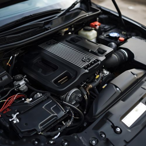 Car engine bay with a black engine cover and visible hoses, battery, and fluid reservoirs under the hood