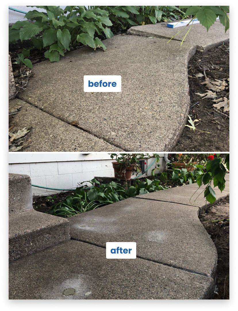 a before and after photo of a concrete walkway
