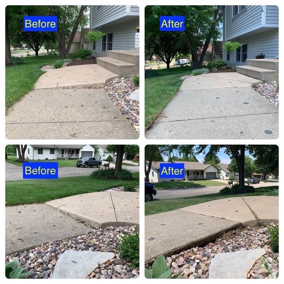 a collage of before and after photos of a walkway leading to a house