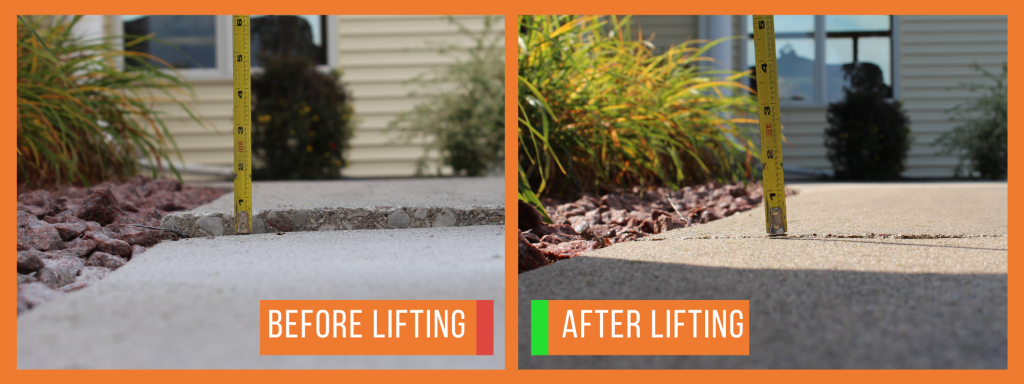 a before and after picture of a driveway with a house in the background.