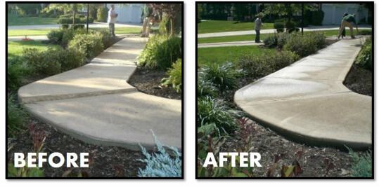 A before and after picture of a concrete walkway.