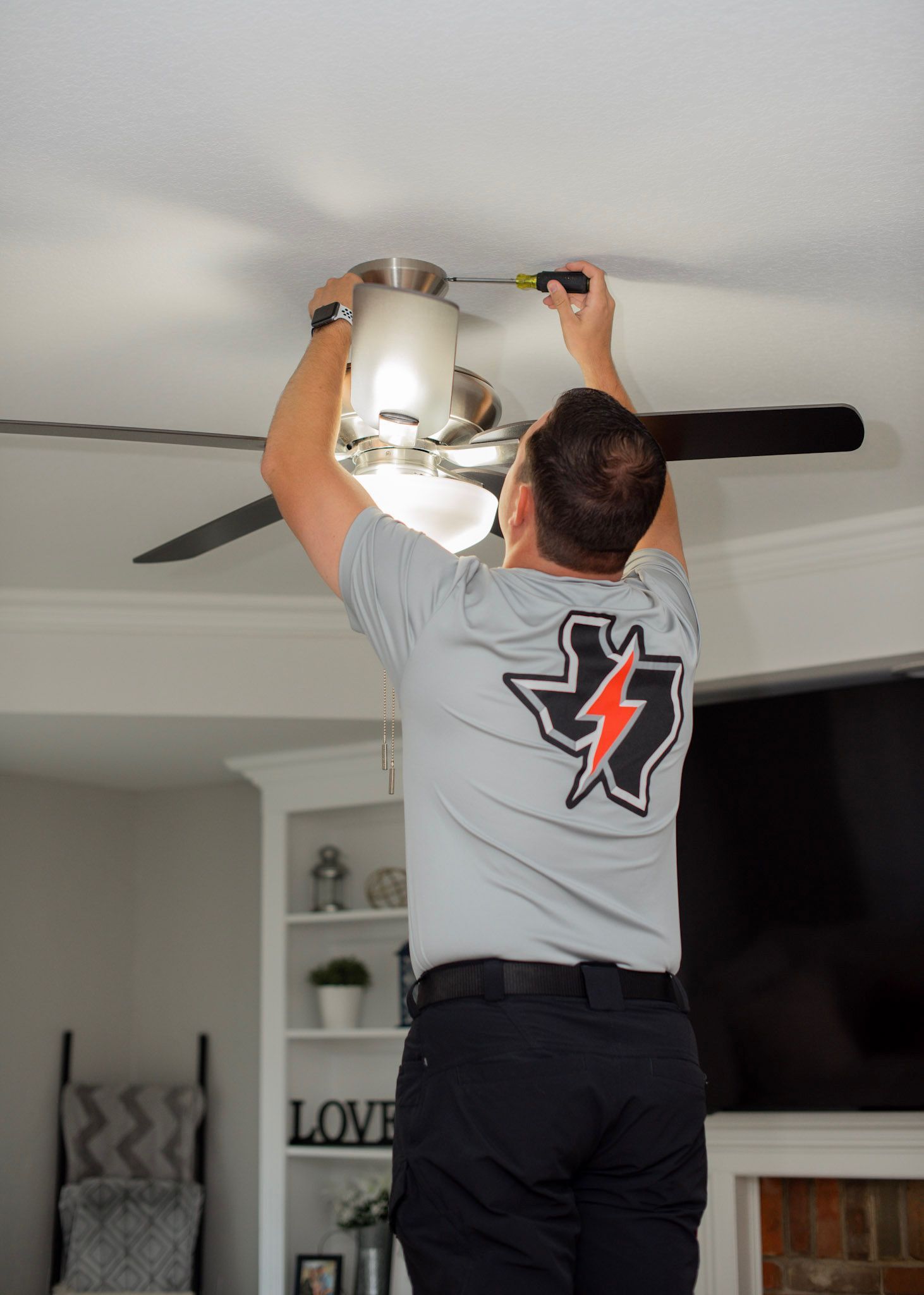 Residential ceiling fan installation by Tier One Electric in Lewisville, TX.