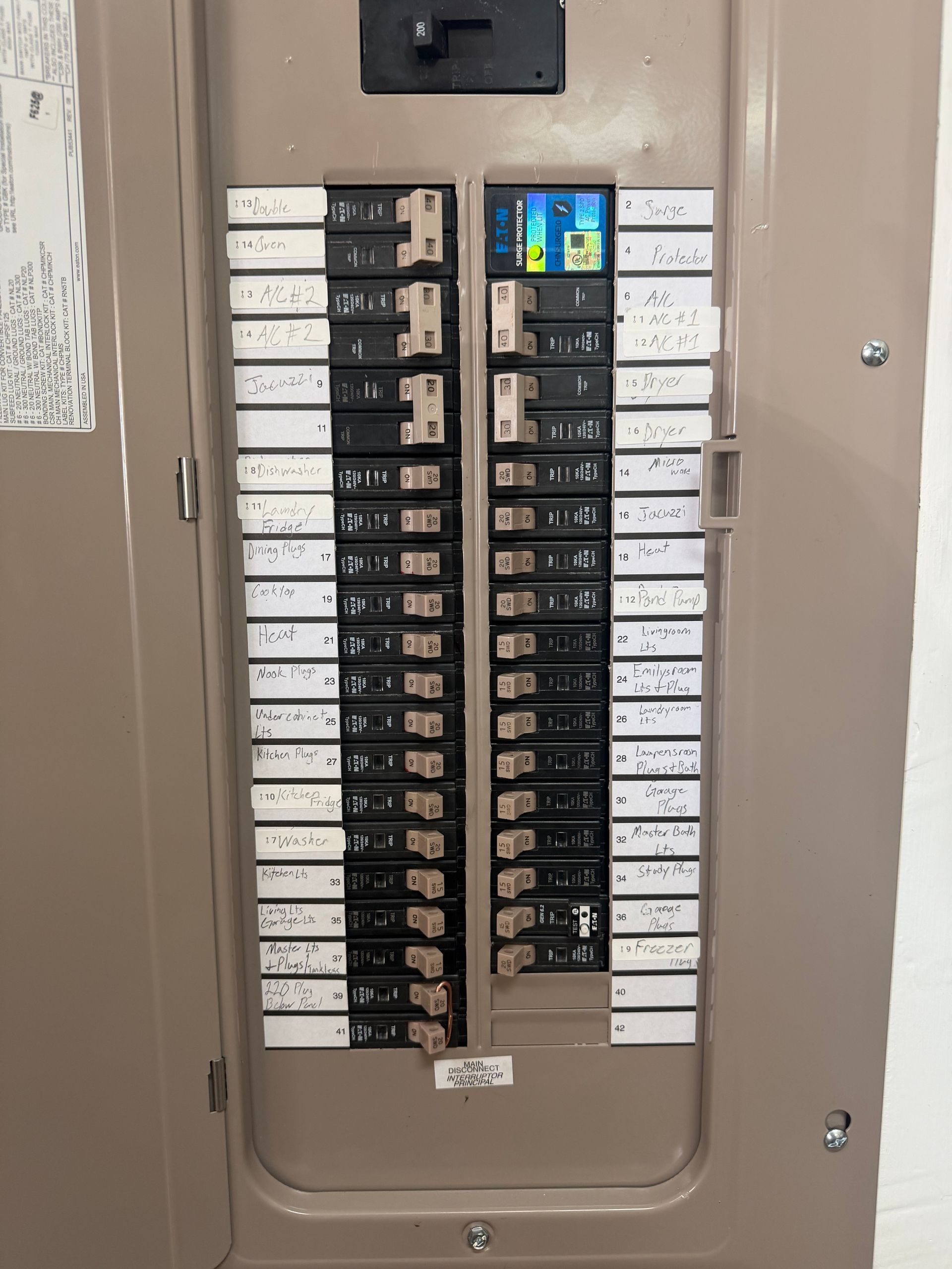 Electrical breaker panel with rows of labeled switches and a few colored breakers on a beige wall