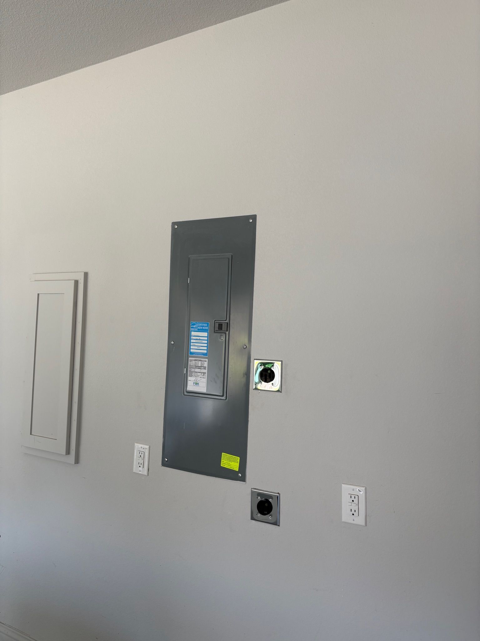 Wall with electrical panel, outlets, and cable/port plates in a gray room